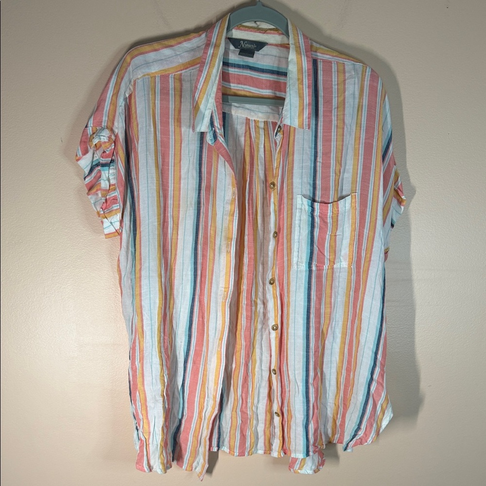 Natural Reflections Multicolor Vertical Stripe Short Sleeve Button-Down Shirt